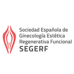 Logo der "Sociedad Española de Ginecología Estética Regenerativa Funcional", abgekürzt SEGERF. Es besteht aus einem stilisierten roten Symbol, das Assoziationen zu Weiblichkeit und Gesundheit wecken könnte, neben dem vollständigen Namen der Gesellschaft in grauer Schrift.