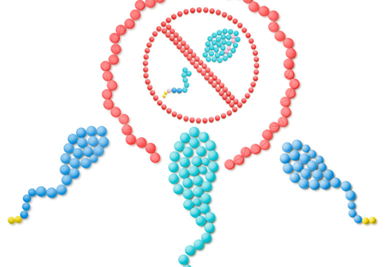 Grafische Darstellung eines Verhütungskonzepts, bei dem Pillen zu Bildern arrangiert sind: Drei Spermienfiguren aus blauen Pillen bewegen sich auf ein weibliches Symbol zu, das aus roten Pillen geformt ist und ein Verbotsschild über einer Spermien- und Eizellenabbildung enthält.