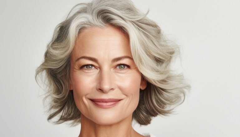 Eine Frau mit grauem Haar lächelt und trotzt mit ihrem jugendlichen Aussehen den Zeichen des Alterns.