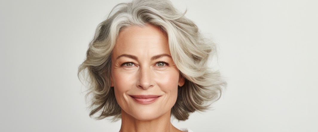 Eine Frau mit grauem Haar lächelt und trotzt mit ihrem jugendlichen Aussehen den Zeichen des Alterns.