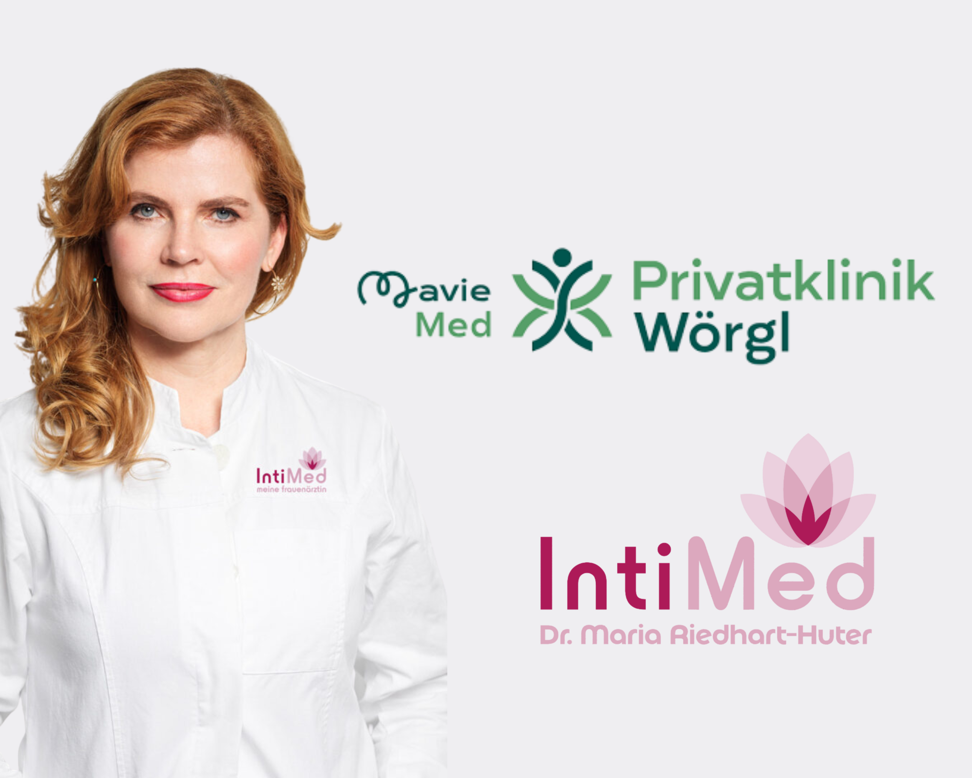 Dr. Maria Riedhart-Huter vor rosa Hintergrund, links im Bild, daneben die Logos von IntiMed und der Privatklinik Wörgl (MavieMed) – Visual zur neuen Zusammenarbeit für gynäkologische Eingriffe in Wörgl.